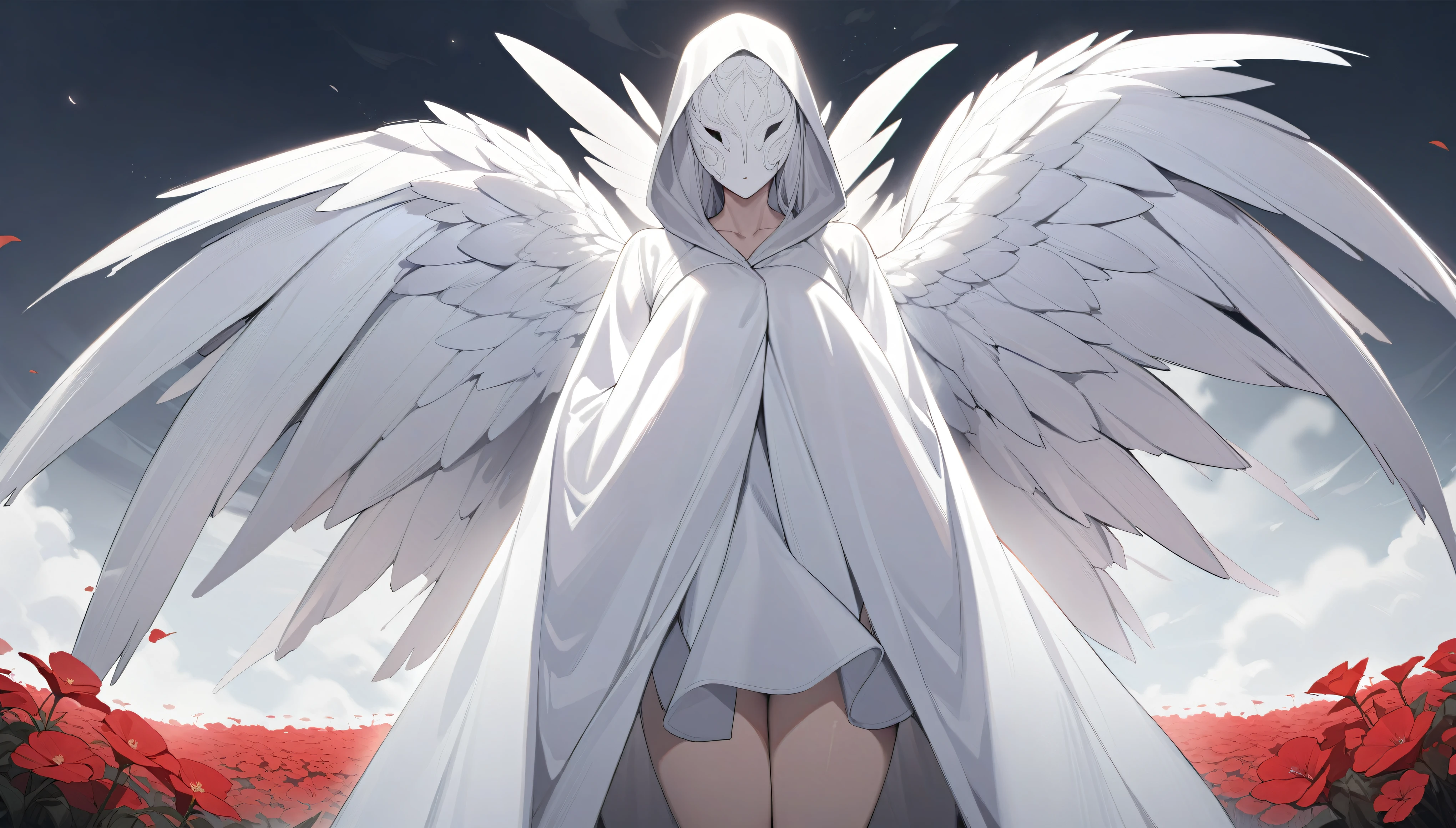 high quality, masterpiece, in detail, correct anatomy, in detailе освещение. (One Angel Girl), ((huge wings)), Stunning appearance, Imperturbable, white hair, (long hail), (she tall), (hair completely covers eyes), without shoes, (((The hood completely covers the eyes))), (((мантия полностью закрывает тело))), ((((wears a white theater mask)))), ((mature face)). On a field with red flowers, thick fog