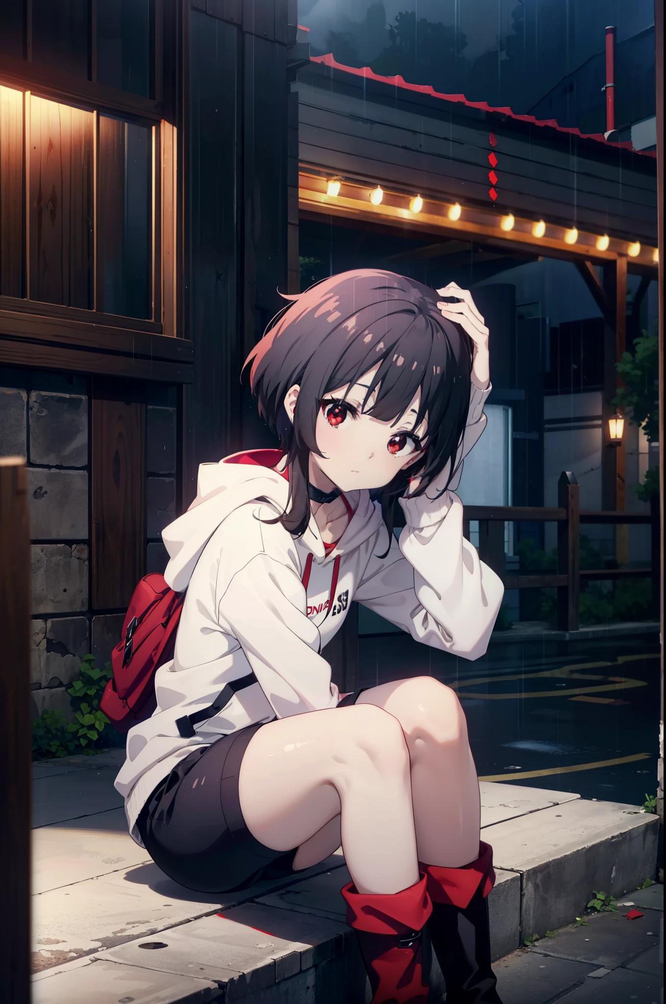 konosubaMegumin, Megumin, short hair, Black Hair, (Red eyes:1.3), short hair with long locks,Oversized red hoodie,Baseball hats,Shorts,White pantyhose,short boots,night,rain,cloudy,Hiding in a roofed building,Sitting on the stairs,whole bodyがイラストに入るように,
break indoors ,Alley,
break looking at viewer, whole body,
break (masterpiece:1.2), Highest quality, High resolution, unity 8k wallpaper, (figure:0.8), (Beautiful attention to detail:1.6), Highly detailed face, Perfect lighting, Highly detailed CG, (Perfect hands, Perfect Anatomy),
