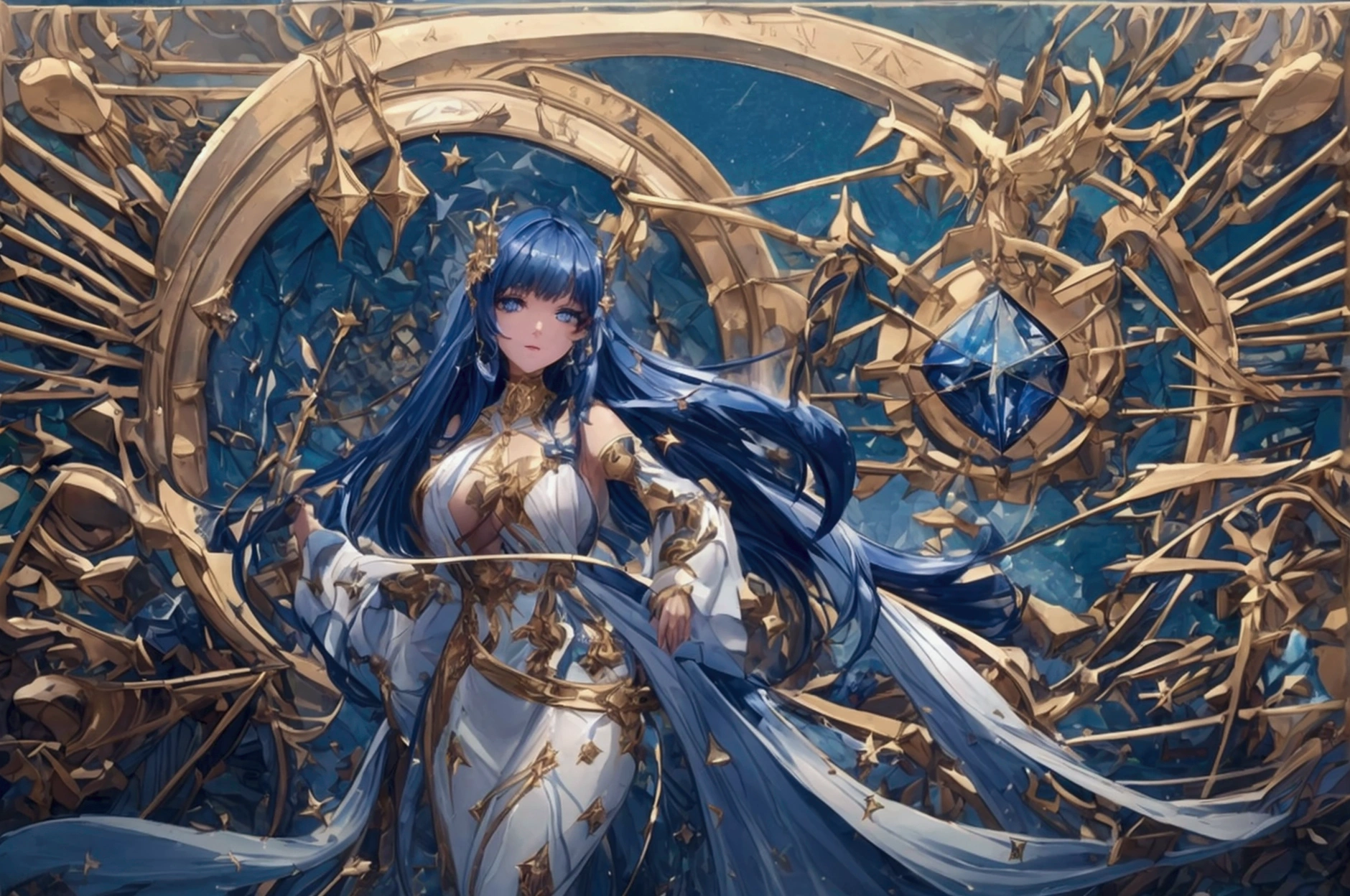 ( high quality , Super detailed, Watch your hands )Zodiac sign - Goddess of Sagittarius , Similar to the goodness of Latin . Optimistic, fair, Funny and intelligent face . recklessness, Ruthless, impatient, Overconfident style . Dark blue eyes (Eye details) , Sparkling deep blue hair , Transparent Dress , In the sea of shining stars , whole body , Fire makeup look , God Chiron