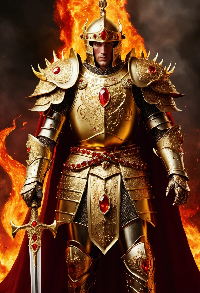 William 1st Emperor of the Empire of the Sun, wears golden medieval armor resembling that of a zodiac knight, he is surrounded by flames, his armor is set with blood-red gems, and he carries the sword Brisingr with its ruby blade
