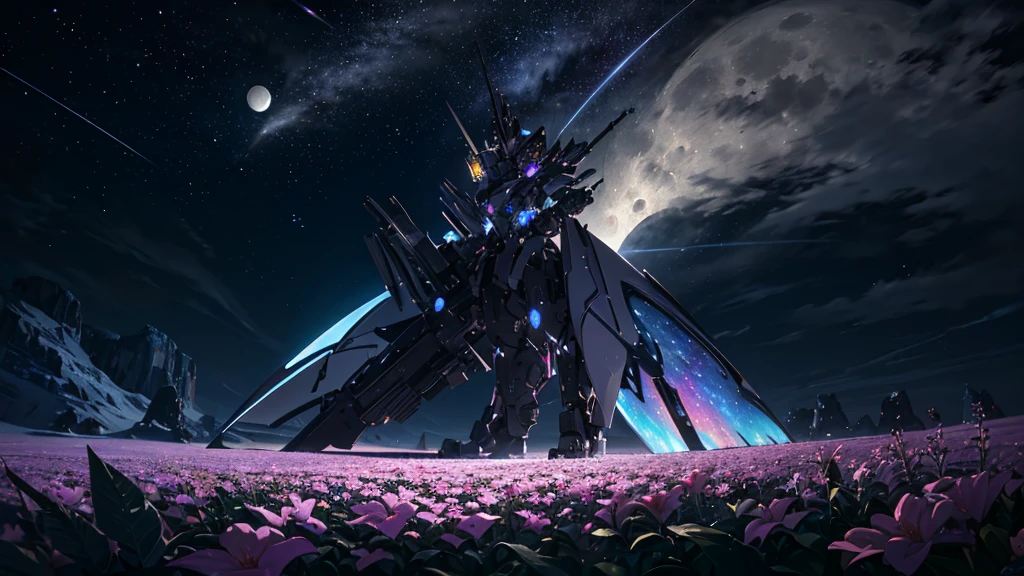 Expansive landscape photograph, (view from below with a view of the sky and the wilderness below), standing in a flower field looking up, (full moon: 1.2), (shooting star: 0.9), (nebula: 1.3), distant mountain, tree break production art, (warm light source: 1.2), (firefly: 1.2), lamp, purple and orange, intricate detail, volume lighting BREAK (masterpiece: 1.2), (highest quality ), 4k, ultra-detailed, (dynamic configuration: 1.4), highly detailed and colorful details (iridescent: 1.2), (sparkling lighting, atmospheric lighting), dreamy, magical, (solo: 1.2)