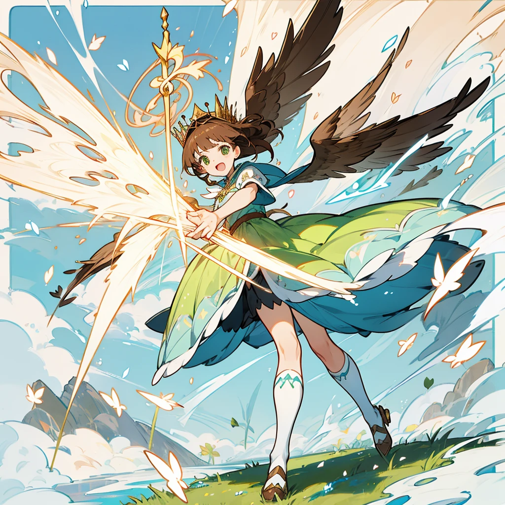kawaii, anime, Cute, hyper quality, highly detailed, 16k, Front facing, Clarity, full body, smile, Inciting point of view, one girl, long brown hair, green eyes, Magical girl, , brown hawk wings on the back, heart stick, white actinidia arguta flowers, over knee socks, ribbon, open your mouth and laugh, light dances, A bird of light flaps its wings, brandish a stick, morning sunshine, magic effect, magic attack, heart effect, accessories, cute costume, white petals dance, Standing on a green hill with blooming flowers, white sardine flower, blue sky, crown, a brown bird flapping its wings, clear sky, Light of the sun, long magic stick, fantasy world, heart, love