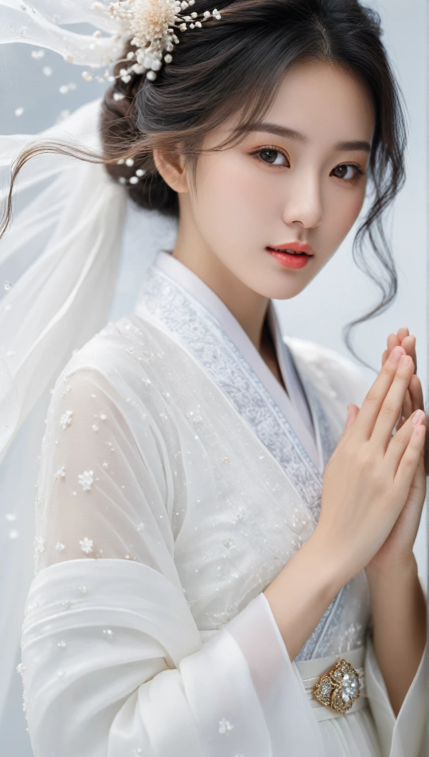 beautiful Korean woman, (((Mikamaria))), Motion blur, black and white close up, white background, a woman in an intricate and pure white hanbok dress with translucent stinging air particles on the hemline, professional fashion photography, super macro, super detailed texture of long wavy hair, poster style, minimalist ::1, tilt-shift of hands and face, Nikon, Hasselblad, Canon, Fuji, 16K
