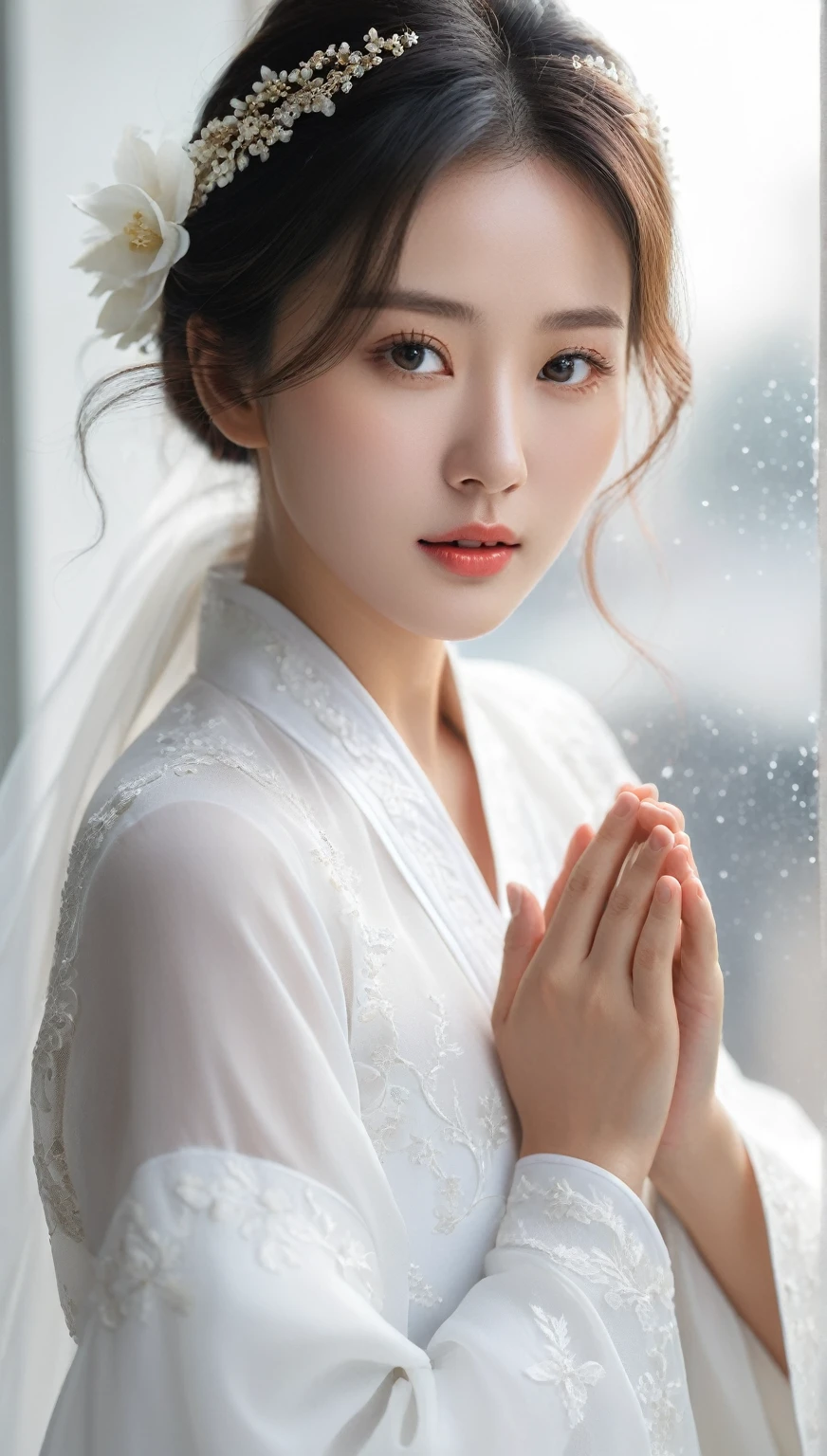 beautiful Korean woman, (((Mikamaria))), Motion blur, black and white close up, white background, a woman in an intricate and pure white hanbok dress with translucent stinging air particles on the hemline, professional fashion photography, super macro, super detailed texture of long wavy hair, poster style, minimalist ::1, tilt-shift of hands and face, Nikon, Hasselblad, Canon, Fuji, 16K