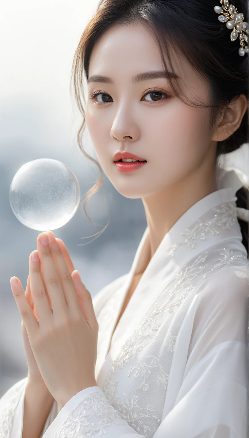 beautiful Korean woman, (((Mikamaria))), Motion blur, black and white close up, white background, a woman in an intricate and pure white hanbok dress with translucent stinging air particles on the hemline, professional fashion photography, super macro, super detailed texture of long wavy hair, poster style, minimalist ::1, tilt-shift of hands and face, Nikon, Hasselblad, Canon, Fuji, 16K