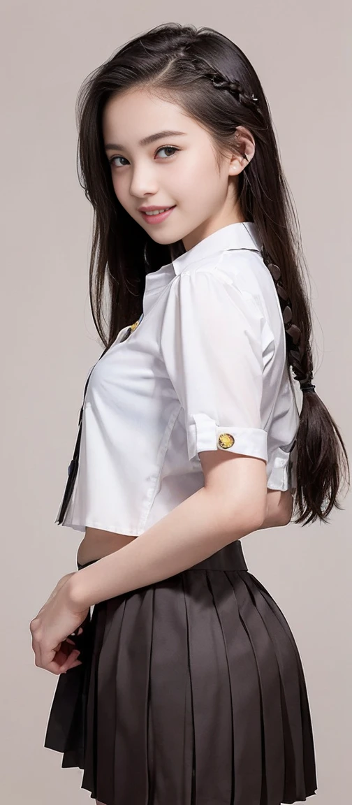 (Highest quality, masterpiece:1.2), Highest quality, Realistic, photograph, High resolution, 1080P, 8K, Physical Rendering, ((height: 155cm)), ((((((A beautiful 14-year-old fashion model featured in a Japanese fashion magazine、Look directly at the viewer)))))), (((big, Very fine, Beautiful dark brown eyes))), ((((Everyone loves me、They are Laughter at me.!)))), Detailed fingers, (((length, Curled bangs、目までのlengthの前髪))), ((((Very noble and cute eyes, Every detail is carefully drawn)))), ((double eyelid)), (((length eyelashes))), ((cute、Adorable、Adorable、Laughter、Laughter頬)), ((The light hits my nose and cheeks. Her eyes and the white skin of her face are beautifully white.......)), (((((Her face is very expressive、With a noble smile。, so sweet, very smart))))), ((((All the buttons on her shirt are undone、Open the shirt from side to side、From her neck、chest、Her figure showing her belly is very impressive..)))), ((((so beautiful、肩までのlengthのストレートな茶色の髪、Side hair braided)))), (((((((Formal short pleated skirt))))))), (((It&#39;s striking to see her unbutton her white sleeveless summer shirt to show off her beautiful pale skin..)))), ((As elegant as a noble princess)), ((Girls dancing in the classroom)), ((from the front,Create striking images..))