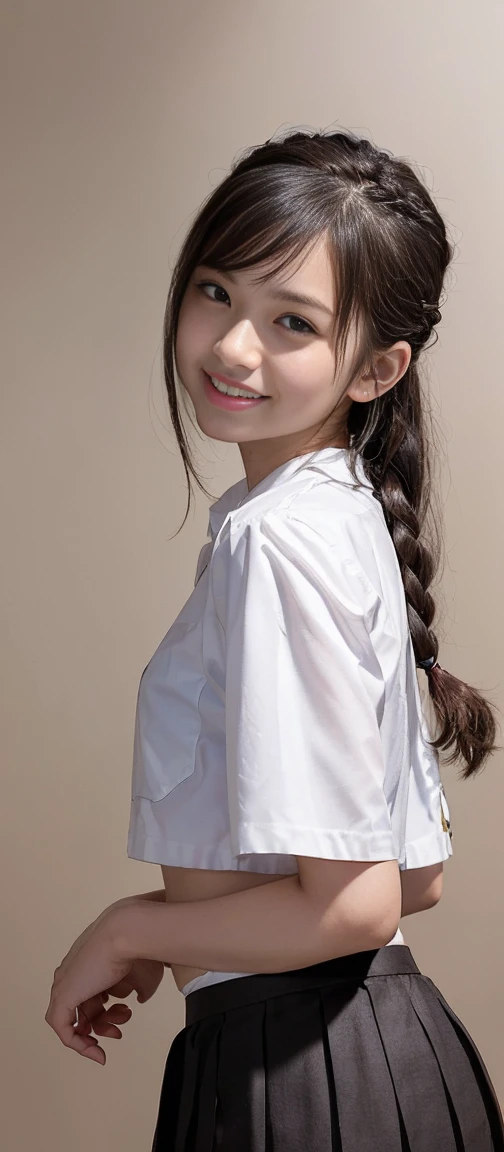 (Highest quality, masterpiece:1.2), Highest quality, Realistic, photograph, High resolution, 1080P, 8K, Physical Rendering, ((height: 155cm)), ((((((A beautiful 14-year-old fashion model featured in a Japanese fashion magazine、Look directly at the viewer)))))), (((big, Very fine, Beautiful dark brown eyes))), ((((Everyone loves me、They are Laughter at me.!)))), Detailed fingers, (((length, Curled bangs、目までのlengthの前髪))), ((((Very noble and cute eyes, Every detail is carefully drawn)))), ((double eyelid)), (((length eyelashes))), ((cute、Adorable、Adorable、Laughter、Laughter頬)), ((The light hits my nose and cheeks. Her eyes and the white skin of her face are beautifully white.......)), (((((Her face is very expressive、With a noble smile。, so sweet, very smart))))), ((((All the buttons on her shirt are undone、Open the shirt from side to side、From her neck、chest、Her figure showing her belly is very impressive..)))), ((((so beautiful、肩までのlengthのストレートな茶色の髪、Side hair braided)))), (((((((Formal short pleated skirt))))))), (((It&#39;s striking to see her unbutton her white sleeveless summer shirt to show off her beautiful pale skin..)))), ((As elegant as a noble princess)), ((Girls dancing in the classroom)), ((from the front,Create striking images..))