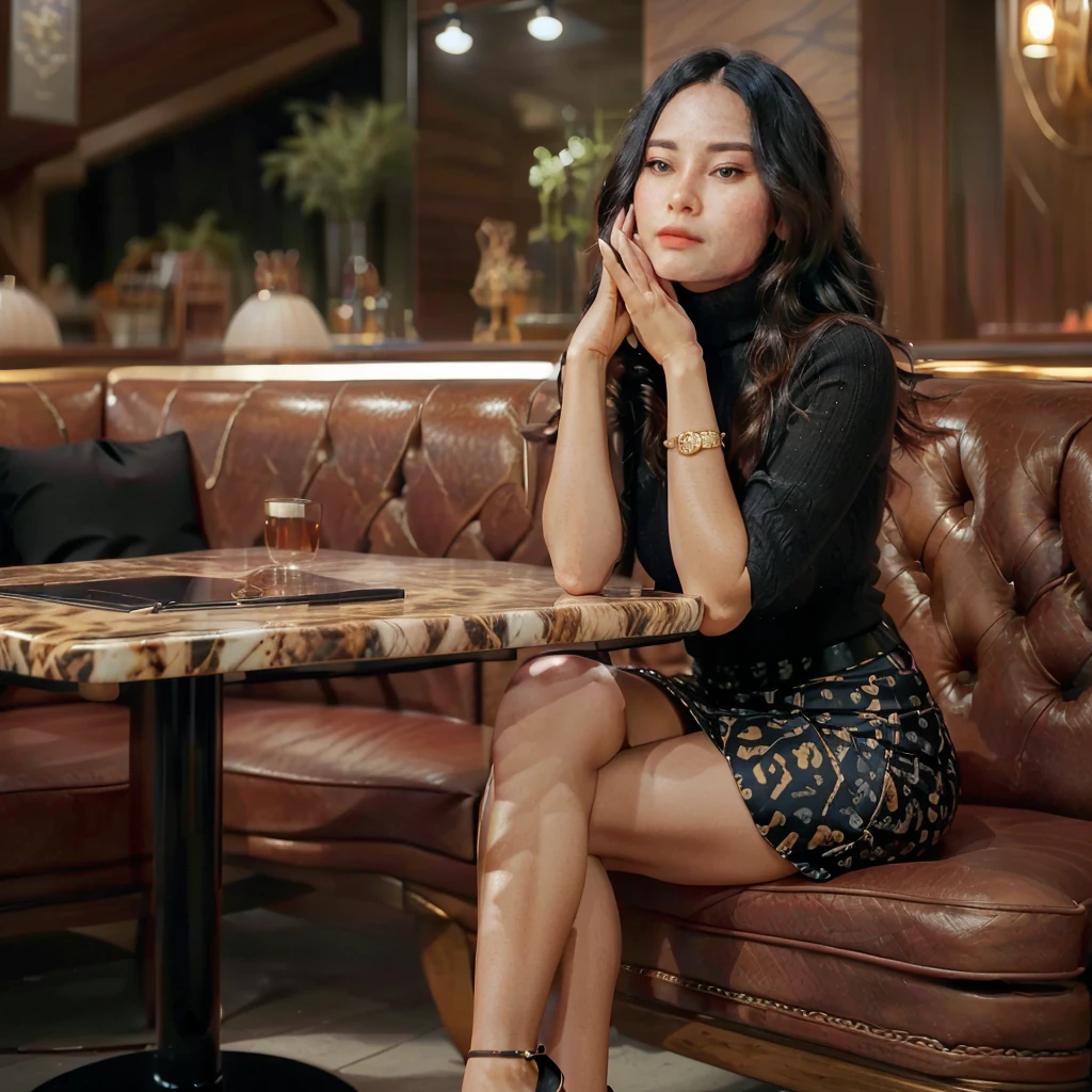 A stunning cinematic photo of a graceful woman, pretty lady MoonLay, seated in a luxurious restaurant, exuding elegance and sophistication. Her hands are resting dorsa side below her face, showcasing her 34-24-36 figure. She is dressed in a chic black turtleneck sweater, a mini skirt with a striking small white flower pattern, and high heels. Her trendy black wavy long hair frames her face perfectly, complementing her polished attire. The exquisite restaurant lighting enhances her natural beauty, with a red leather sofa and a cheetah-patterned square marble table adding an air of refinement. A sleek bag and phone on the table bring a touch of contemporary flair. The artistically blurred background draws the viewer's focus to the woman's captivating presence, creating a cinematic atmosphere that immerses, photo, cinematic