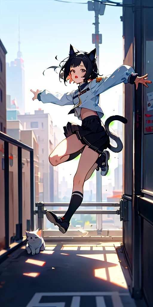 (masterpiece, best quality),1girl with short black hair, cat ears with fluff, cat tail, feet landing on the ground from a jump from a building, her arms in the air, warm lighting, uniform, blurry city foreground, shoe falling off