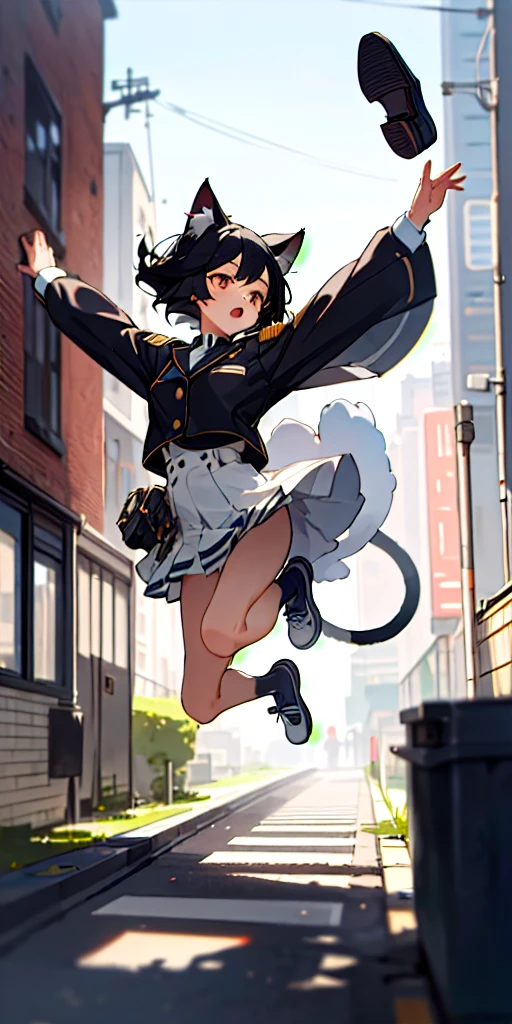 (masterpiece, best quality),1girl with short black hair, cat ears with fluff, cat tail, feet landing on the ground from a jump from a building, her arms in the air, warm lighting, uniform, blurry city foreground, shoe falling off