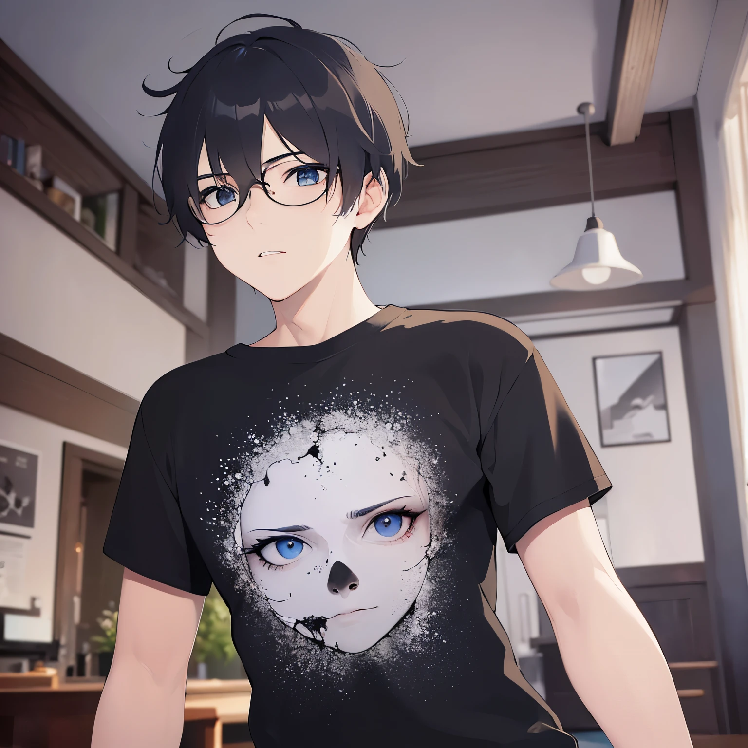 side angle, (looking away:1.5), plastic frame eyewear、upper body、shiny skin, masterpiece、Highest quality、(25-year-old male:1.5) and (Black short hair) and (blue eyes), Hair over one eye, (Black T-shirt)、Serious expression, The background is the living room、(Alone:1.5)、Are standing, (night:1.5)
