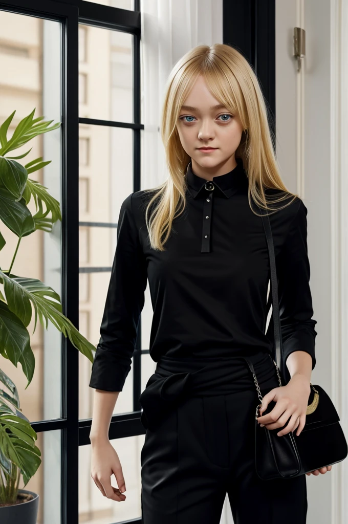 Beautiful blonde girl identical to Dakota fanning wearing a black T-shirt with long sleeves and a high collar with black pants with a bag hanging in front at waist height and standing in front of a window 