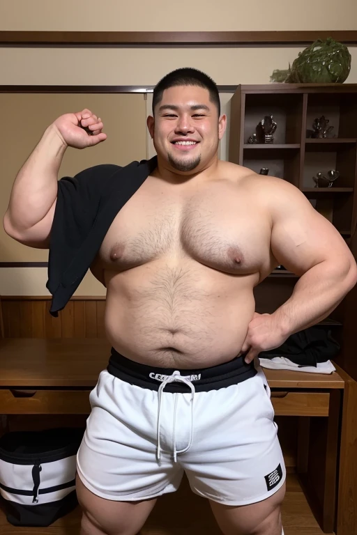 ((highest quality)), ((masterpiece)), (detailed), ((Perfect Face)), 4k, Shaved head, Young Japanese, Muscular, Fat body, Very big man, smile, ((showing off crotch))A large Japanese man topless、whole body、Rugby last week、Thick legs、Thick arm muscles、Intimidating、whole body、((wearing a very tight black rugby-shorts))、((topless))