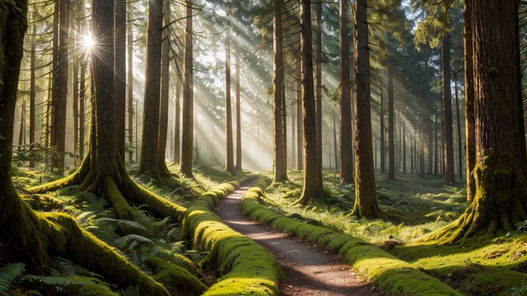 An old road (pathway) through the green forest. Ancient trees, moss and plants close-up. Sunbeams through the tree trunks. Panoramic view. 