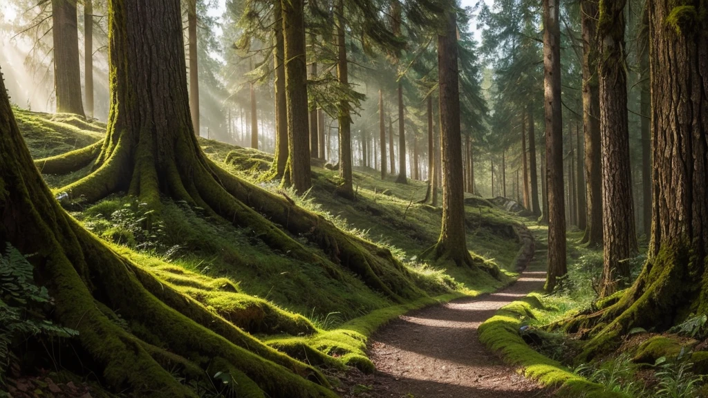 An old road (pathway) through the green forest. Ancient trees, moss and plants close-up. Sunbeams through the tree trunks. Panoramic view.