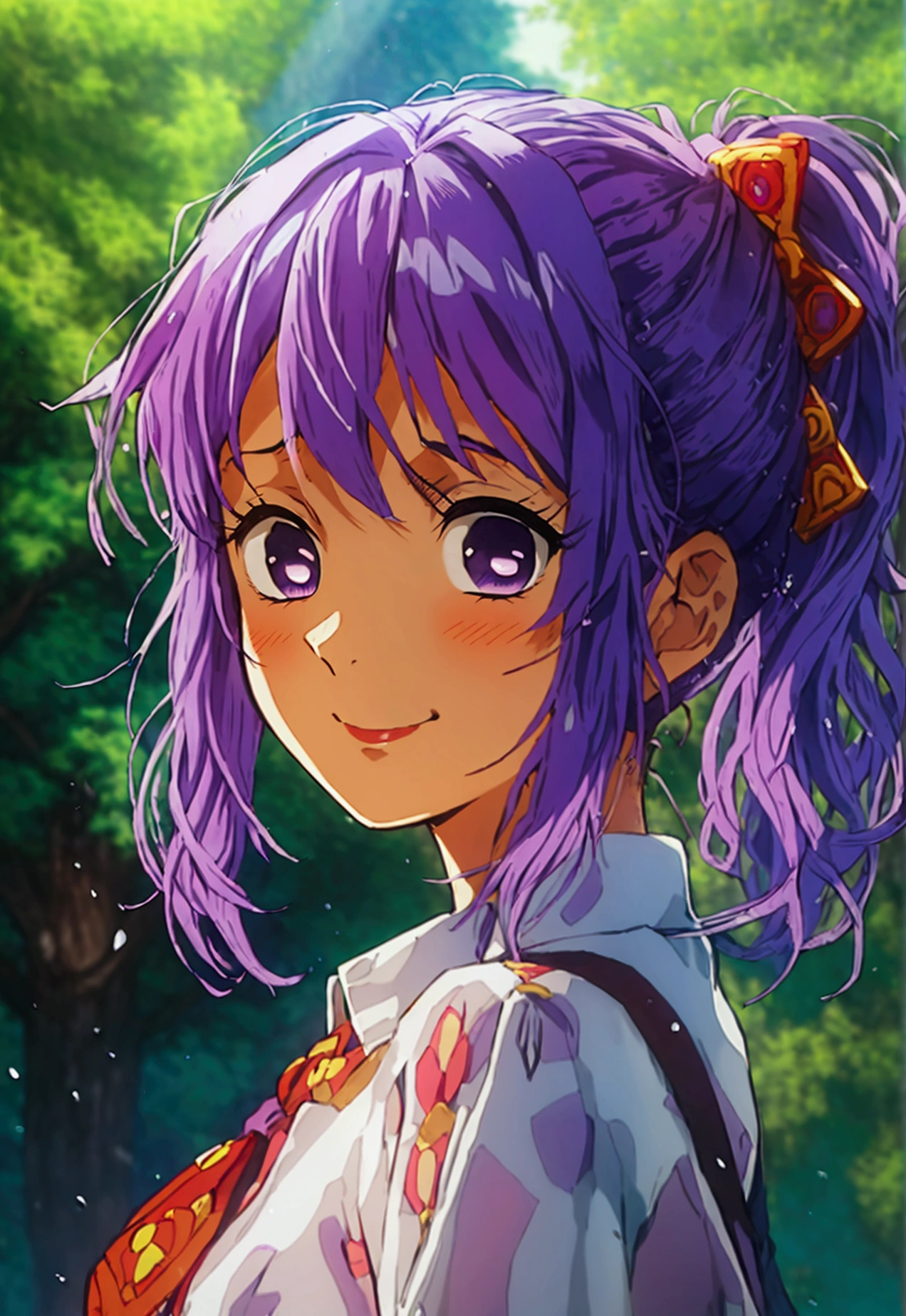 Masterpiece, Best Quality,1 girl、Kimetsu no Yaiba style、uniform hashira、  hair purple、tied hair braid、purple hair、smiles、    blush、smiles、   shyly、purple eyes、  off eyes、face down、  pretty、close-up、 