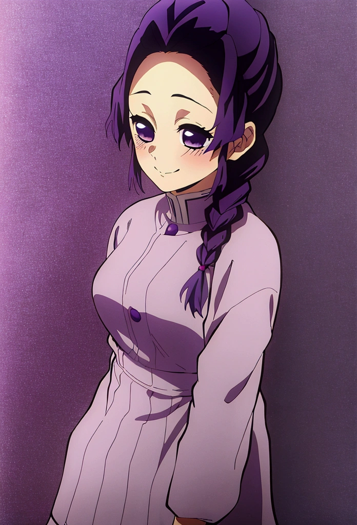 Masterpiece, Best Quality,1 girl、Kimetsu no Yaiba style、uniform hashira、 hair purple、tied hair braid、purple hair、smiles、 blush、smiles、 shyly、purple eyes、 off eyes、face down、 pretty、close-up、