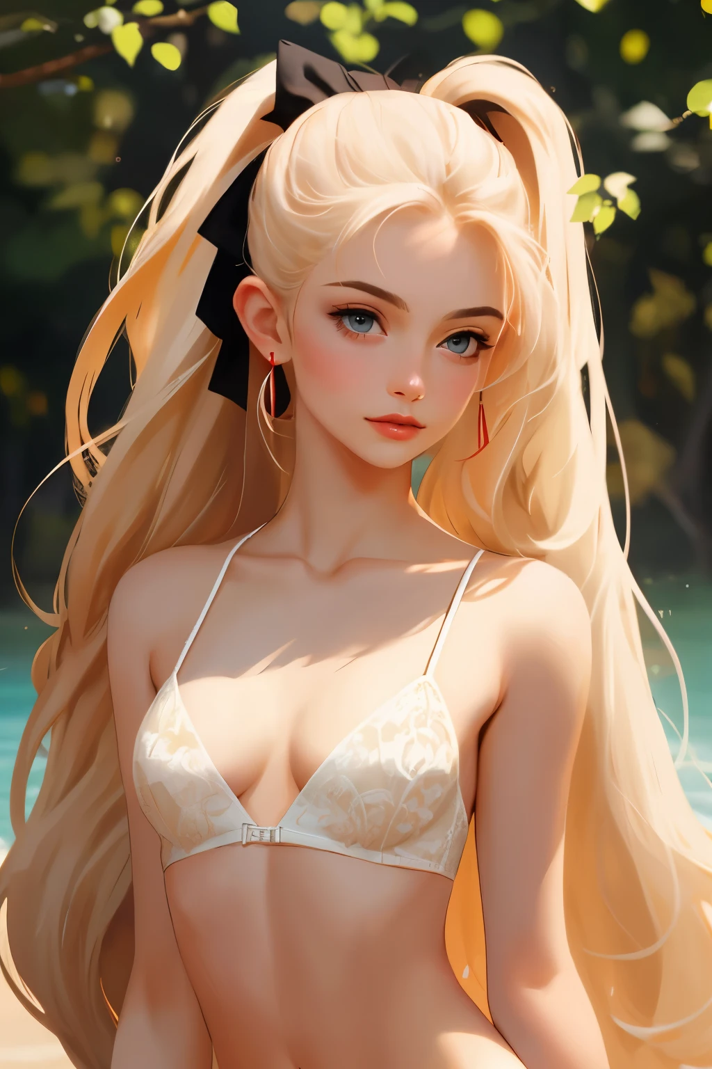((best quality)), ((masterpiece)), (detailed), NSFW, small breasts, prominent collarbones, skinny arms, flat stomach, visible hip bones, long hair, red hair, white hair, blonde hair, dark hair, ponytail, thick ponytail, heavy ponytail, Realistic Shadows, Detailed skin, Very small breasts, Hair Ribbon, Very detailed, highly detailed face, Perfect face shape, Perfect lips, Perfect nose, Correct beautiful eyes, Watching Viewer, Best Quality, Single Girl, No bra, No panties, Solo