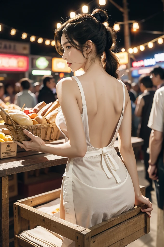 (((best quality))),(((ultra detailed))),(((masterpiece))),illustration,((1 beautiful girl,solo)),(short ponytail:1.2),(sheer apron:1.2),((bare shoulder,bare arms)),((slim,thin)),((bare back,towering hips,butt crack)),shopping, market, meat, bustling,early morning,bright eyes, flushed face, lively appearance, energetic, vendors, calls, wares, plastic sheets, spices, haggling, examining, cuts, beef, stall, butcher paper, scale, kaleidoscope, colors, sounds, fruits, vegetables, animated, talking, joking, background, food stall, breakfast rolls, vendor, steaming, fresh bread, butter, early hour, energy, chatting, vibrant, chaotic, community,((night scene,outdoor)),(surrounded by crowded crowds:1.3),((from back,upper body))