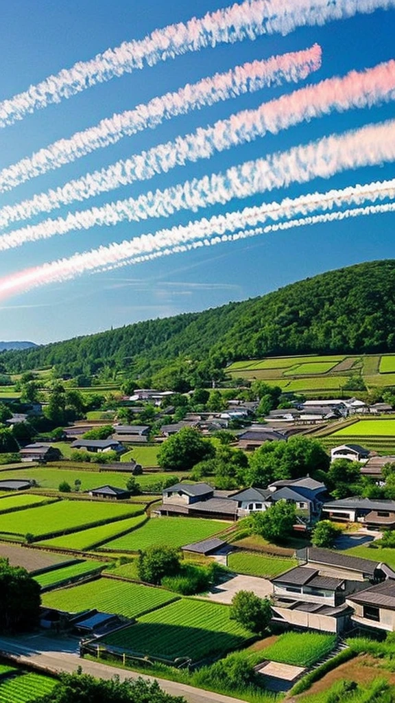 Japanese countryside, large number of chem trails, people fall, rural landscape, dangerous chem trail
