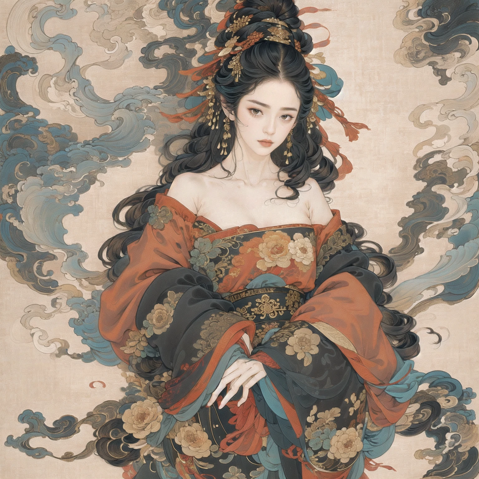 guofeng,Illustrated,black eyes,long hair,multiple colors,high definition,Rich in intricate details,8K,illustration,crazy colors,off shoulder, 1girl,chinese