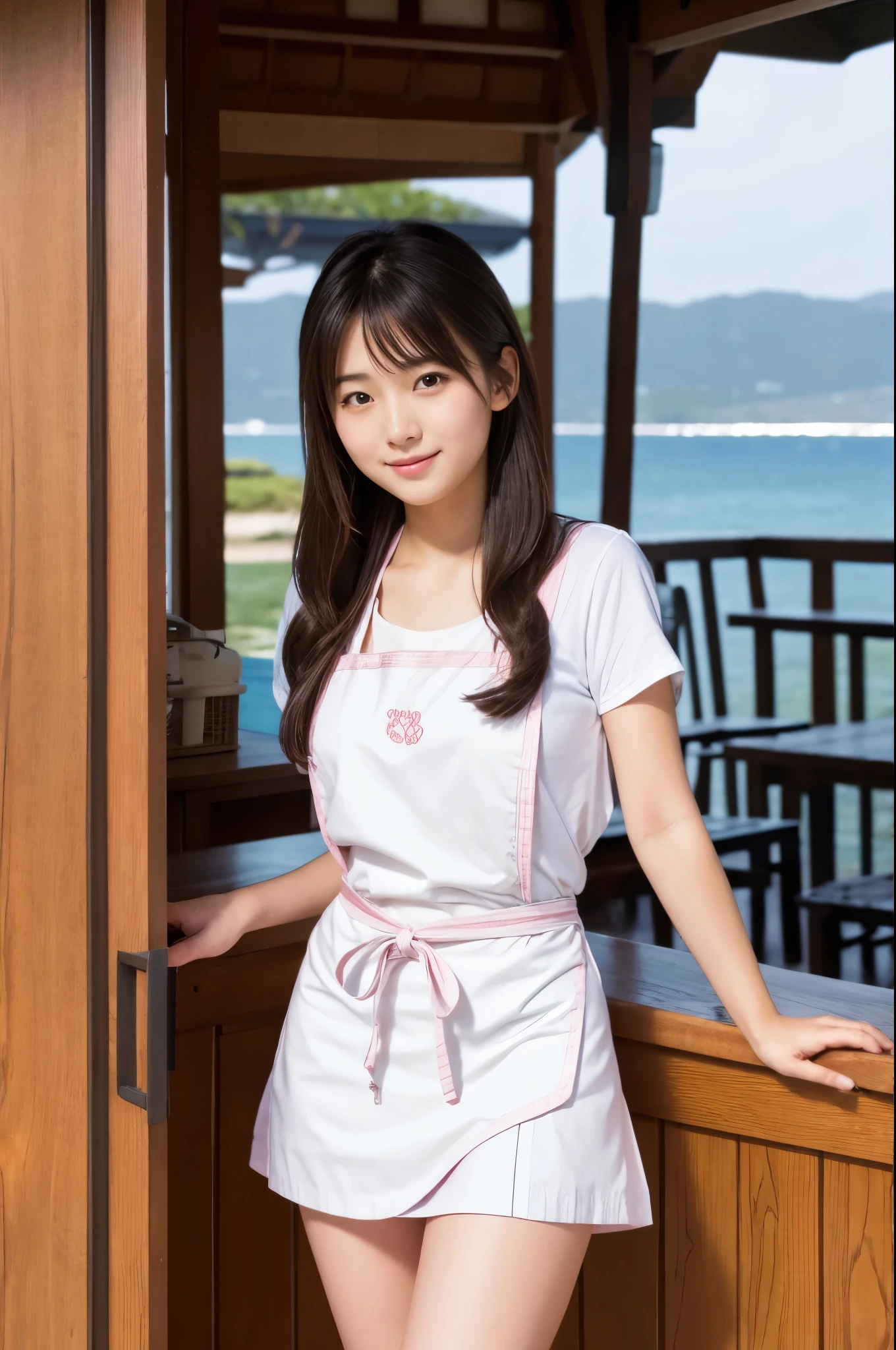 Pretty 21 year old woman（Japanese face）Wearing an apron and a miniskirt、Being at the beach house