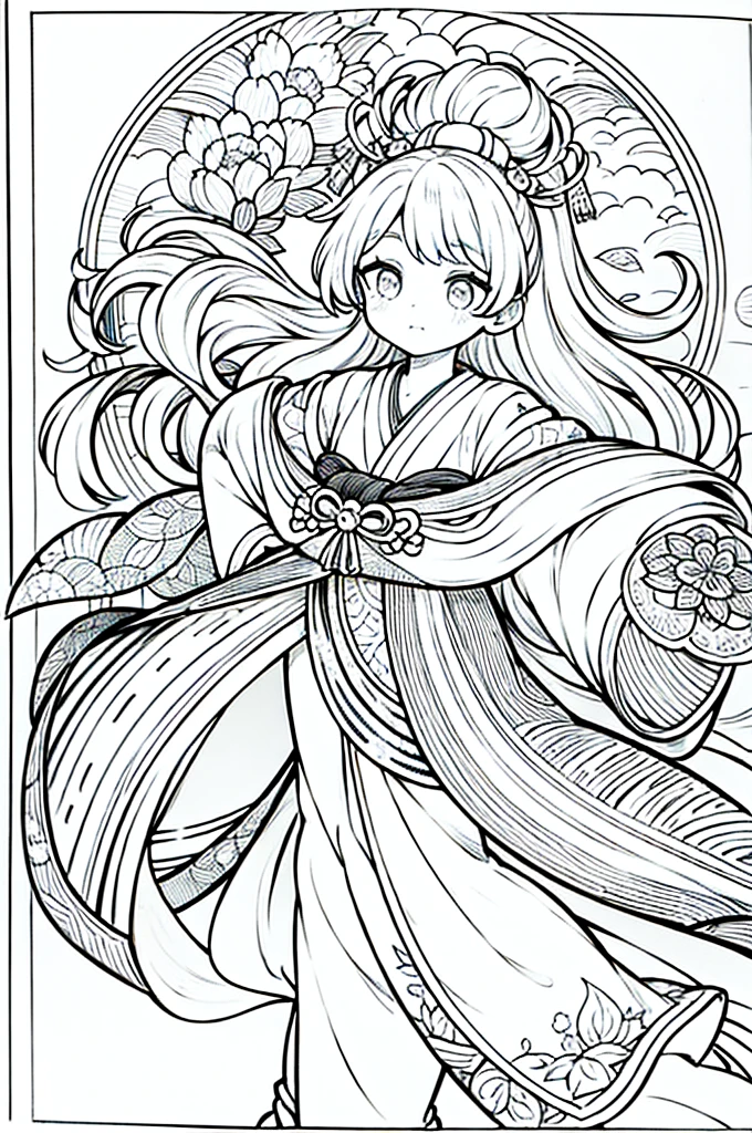 As a coloring book, the color should be black and white, the border should be simple, clear, and bold. A graceful Asian girl with elegant movements is performing a traditional Japanese dance in a grand [Kabuki theater]. She is wearing an exquisite [kimono with crane pattern], the flowing silk fabric accentuating her graceful movements. The girl's face is painted with delicate makeup, and her hair is adorned with an elaborate [hair ornament]. The intricate details of the kimono and the theater setting provide for the coloring book illustration.