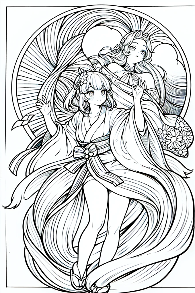 As a coloring book, the color should be black and white, the border should be simple, clear, and bold. A graceful Asian girl with elegant movements is performing a traditional Japanese dance in a grand [Kabuki theater]. She is wearing an exquisite [kimono with crane pattern], the flowing silk fabric accentuating her graceful movements. The girl's face is painted with delicate makeup, and her hair is adorned with an elaborate [hair ornament]. The intricate details of the kimono and the theater setting provide for the coloring book illustration.