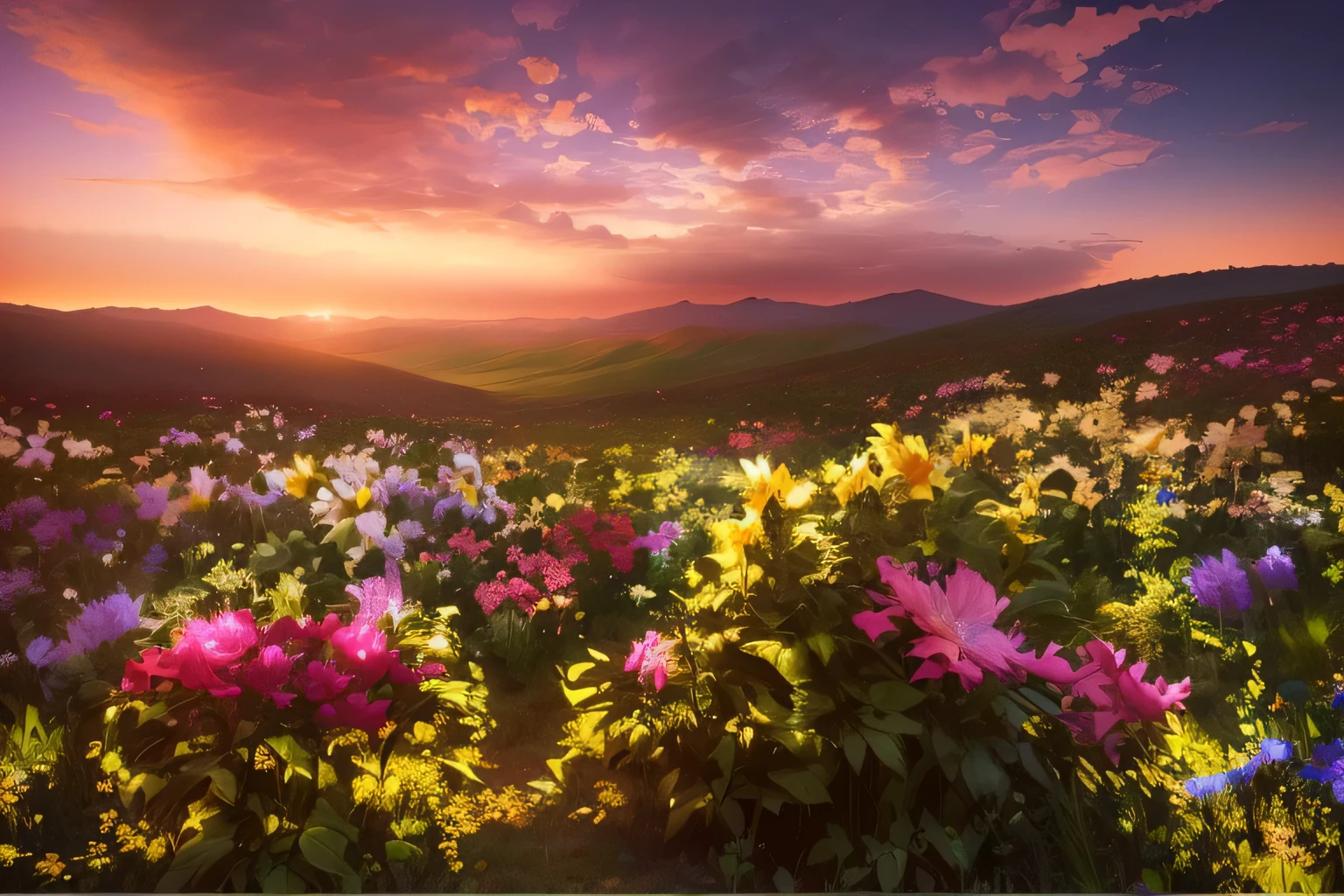 Close-up of a flower field with the sky as the background, Mythical Flower Mountain, Vast and lush valley flowers, stunning nature in background, really Beautiful nature, scenery is beautiful, Incredibly beautiful, Beautiful nature, lush landscape, Flower mountain background, Beautiful scenery, very scenery is beautiful, Lush fields, Lush countryside, Lush Landscape, A beautiful field of flowers，reality。
