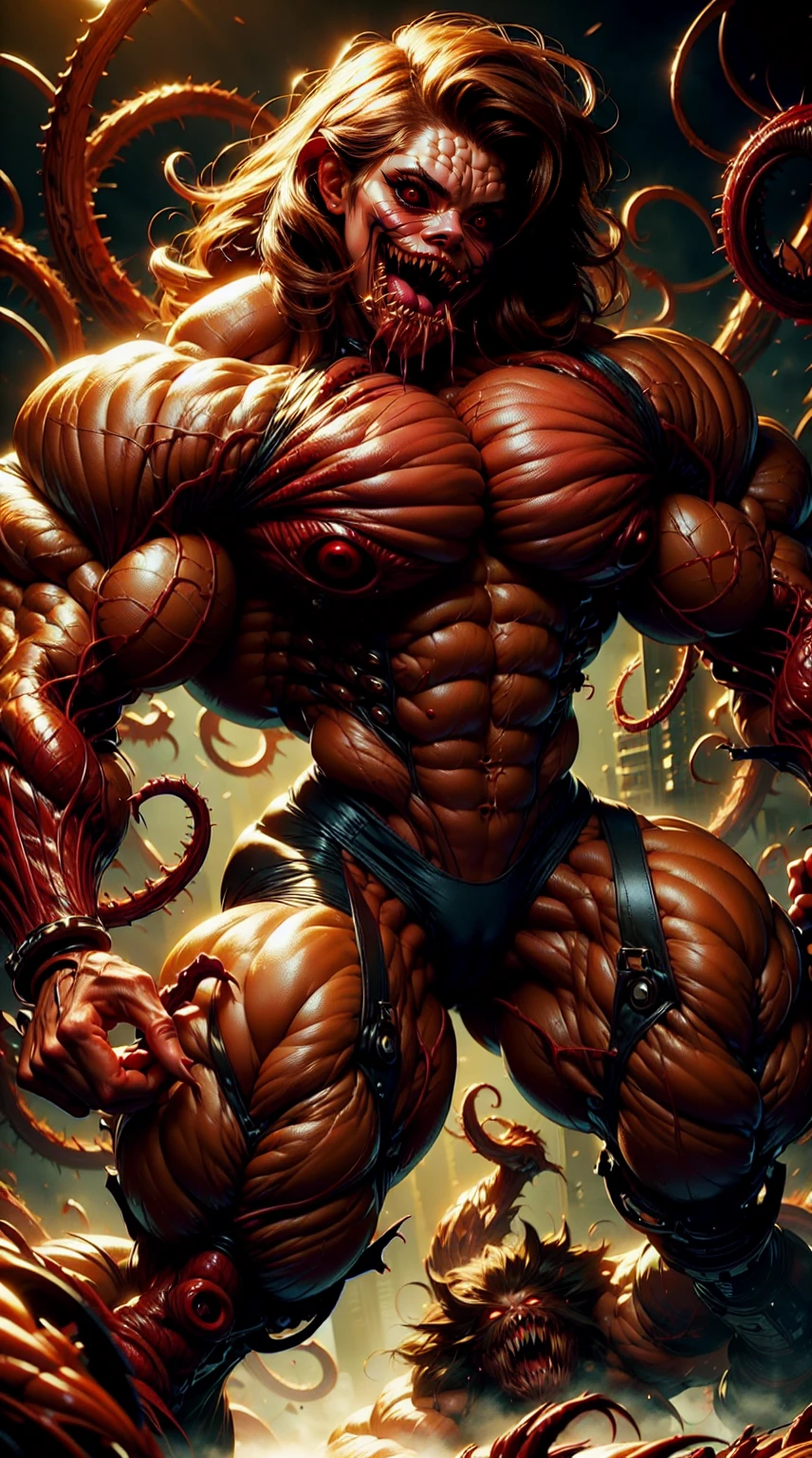 (1 girl), (cara delevingne), young girl, carnage muscular physique, seductive face, mouth wide open carnage style, long red hair, perfect muscular body, super skinny legs, cybernetic muscle suit, sissy, femboy, (carnage style physique),