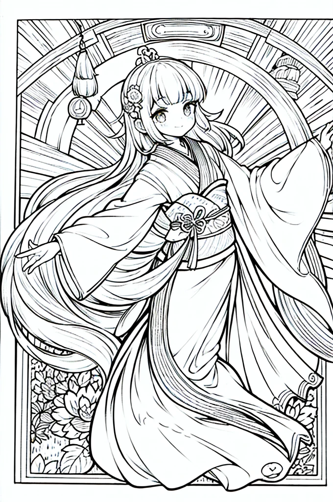 As a coloring book, the color should be black and white, the border should be simple, clear, and bold. A graceful Asian girl with elegant movements is performing a traditional Japanese dance in a grand [Kabuki theater]. She is wearing an exquisite [kimono with crane pattern], the flowing silk fabric accentuating her graceful movements. The girl's face is painted with delicate makeup, and her hair is adorned with an elaborate [hair ornament]. The intricate details of the kimono and the theater setting provide for the coloring book illustration.