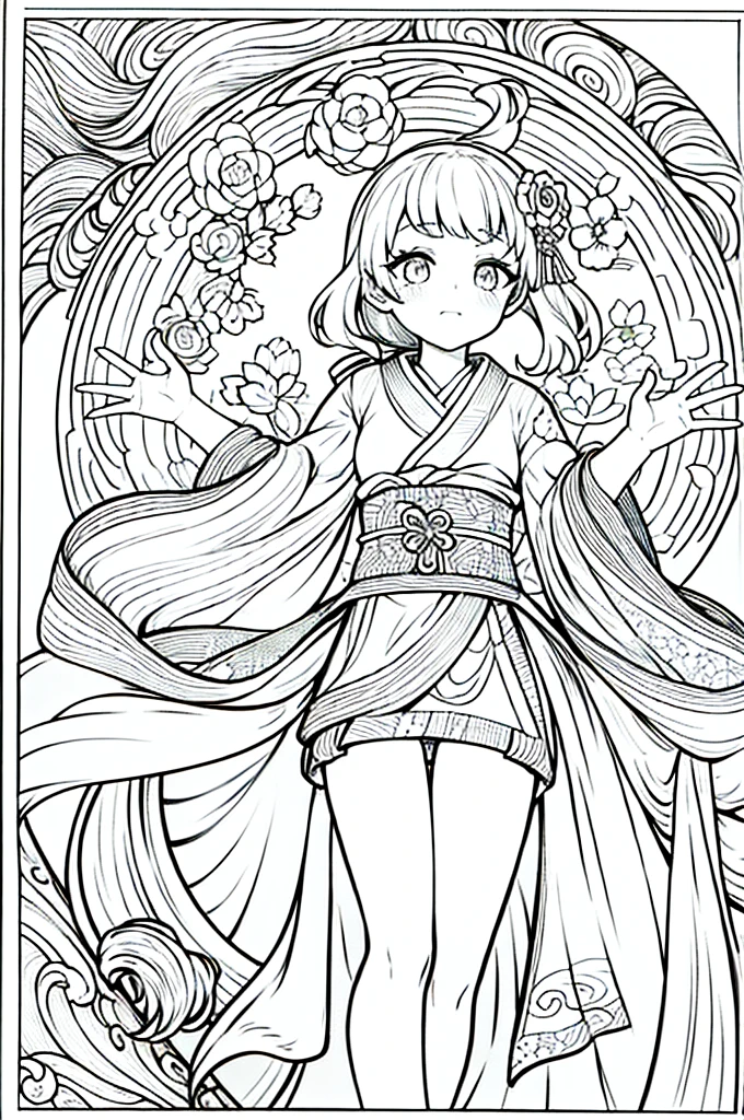 As a coloring book, the color should be black and white, the border should be simple, clear, and bold. A graceful Asian girl with elegant movements is performing a traditional Japanese dance in a grand [Kabuki theater]. She is wearing an exquisite [kimono with crane pattern], the flowing silk fabric accentuating her graceful movements. The girl's face is painted with delicate makeup, and her hair is adorned with an elaborate [hair ornament]. The intricate details of the kimono and the theater setting provide for the coloring book illustration.