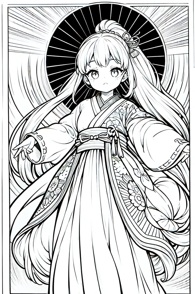 As a coloring book, the color should be black and white, the border should be simple, clear, and bold. A graceful Asian girl with elegant movements is performing a traditional Japanese dance in a grand [Kabuki theater]. She is wearing an exquisite [kimono with crane pattern], the flowing silk fabric accentuating her graceful movements. The girl's face is painted with delicate makeup, and her hair is adorned with an elaborate [hair ornament]. The intricate details of the kimono and the theater setting provide for the coloring book illustration.