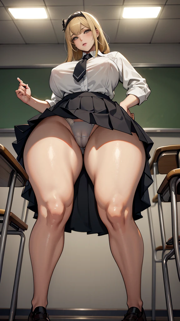 1 Girl,high school girl,RAW Photos,High-cut underwear,Low Angle(Angle where you can see inside the skirt:1.3、真From below:1.5),cameltoe,from below:1.3,Highest quality, Ultra-high resolution:1.3, Brown Skin(very fine and beautiful skin),blonde, Black gal, From below,Highest quality:1.3,(masterpiece), (Very detailed8K壁紙:1.1),Very detailed,Cinema Lighting, Detailed light, Best Shadow, Dynamic Angle(真From below:1.1),between legs,Elaborate (High leg pants:1.1),Super big brelump thighs, mini skirt(Pleated skirt),Indentation:1.1,,In the classroom