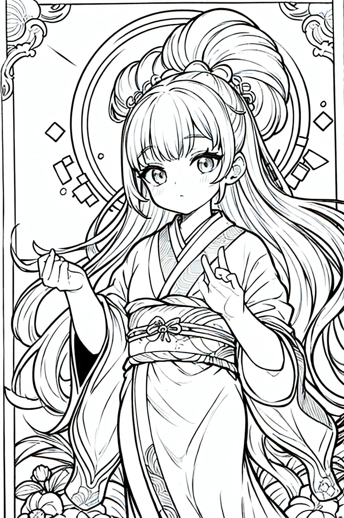 As a coloring book, the color should be black and white, the border should be simple, clear, and bold. A graceful Asian girl with elegant movements is performing a traditional Japanese dance in a grand [Kabuki theater]. She is wearing an exquisite [kimono with crane pattern], the flowing silk fabric accentuating her graceful movements. The girl's face is painted with delicate makeup, and her hair is adorned with an elaborate [hair ornament]. The intricate details of the kimono and the theater setting provide for the coloring book illustration.