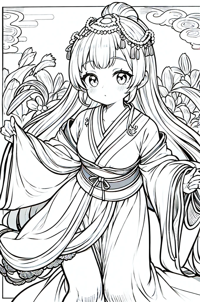 As a coloring book, the color should be black and white, the border should be simple, clear, and bold. A graceful Asian girl with elegant movements is performing a traditional Japanese dance in a grand [Kabuki theater]. She is wearing an exquisite [kimono with crane pattern], the flowing silk fabric accentuating her graceful movements. The girl's face is painted with delicate makeup, and her hair is adorned with an elaborate [hair ornament]. The intricate details of the kimono and the theater setting provide for the coloring book illustration.