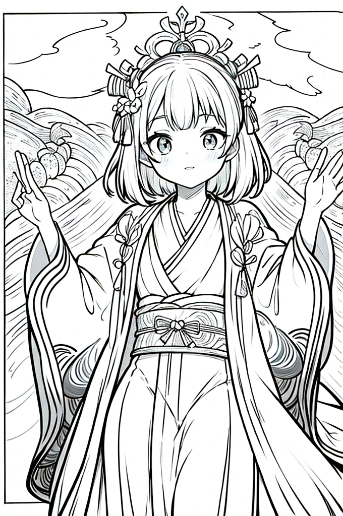 As a coloring book, the color should be black and white, the border should be simple, clear, and bold. A graceful Asian girl with elegant movements is performing a traditional Japanese dance in a grand [Kabuki theater]. She is wearing an exquisite [kimono with crane pattern], the flowing silk fabric accentuating her graceful movements. The girl's face is painted with delicate makeup, and her hair is adorned with an elaborate [hair ornament]. The intricate details of the kimono and the theater setting provide for the coloring book illustration.