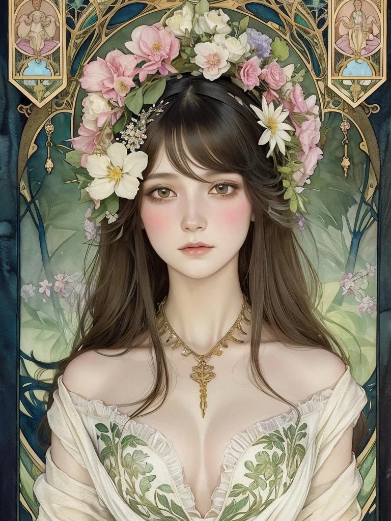 Depicts a beautiful woman with flowers in her hair、Highly detailed watercolor painting, The style of Alfons Maria Mucha and Gustav Kirmut, Art Nouveau accents, Fairy Princess, Anthropomorphic woman, Female figure, Detailed cover artwork, As the Flower Goddess, Alphonse Mucha, Gustav Klimt, Pale skin, Marble sculpture, society, Gothic art, Art Nouveau, Behance Contest Winner, black hair, Asian