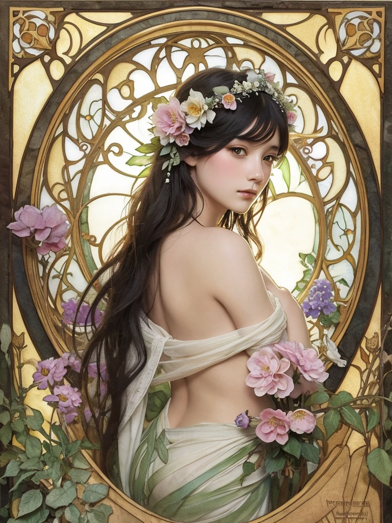 Depicts a beautiful woman with flowers in her hair、Highly detailed watercolor painting, The style of Alfons Maria Mucha and Gustav Kirmut, Art Nouveau accents, Fairy Princess, Anthropomorphic woman, Female figure, Detailed cover artwork, As the Flower Goddess, Alphonse Mucha, Gustav Klimt, Pale skin, Marble sculpture, society, Gothic art, Art Nouveau, Behance Contest Winner, black hair, Asian
