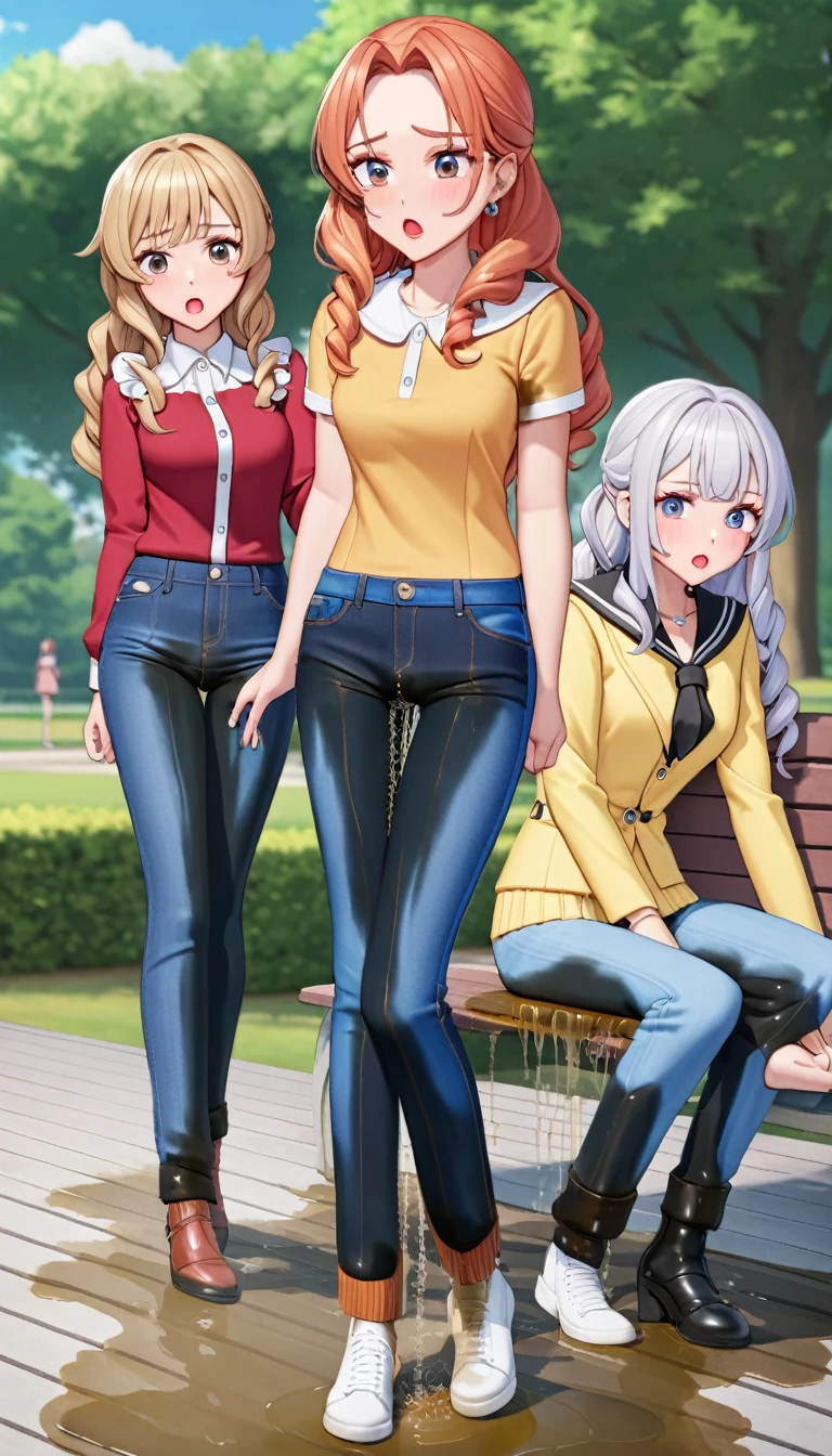 ((best quality, masterpiece:1.3, 8K)), (detailed), highly detailed face and skin texture, detailed eyes, park, pond, bench, full body, (slender body:1.1), (a group of girls:1.5), 25 years old, white skin, bright lips, scared, worried, embarrassed, long hair, (forehead:1.0), (jeans pants:1.2, skinny jeans:1.2, flares jeans:1.2, blue jeans:1.2), (wetting themself:2.5),