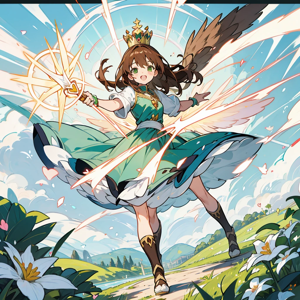 kawaii, anime, Cute, hyper quality, highly detailed, 16k, Front facing, Clarity, full body, smile, Inciting point of view, one girl, long brown hair, green eyes, Magical girl, , brown hawk wings on the back, heart stick, white actinidia arguta flowers, over knee socks, ribbon, open your mouth and laugh, light dances, A bird of light flaps its wings, brandish a stick, morning sunshine, magic effect, magic attack, heart effect, accessories, cute costume, white petals dance, Standing on a green hill with blooming flowers, white sardine flower, blue sky, crown, a brown bird flapping its wings, clear sky, Light of the sun, long magic stick, fantasy world, heart, love