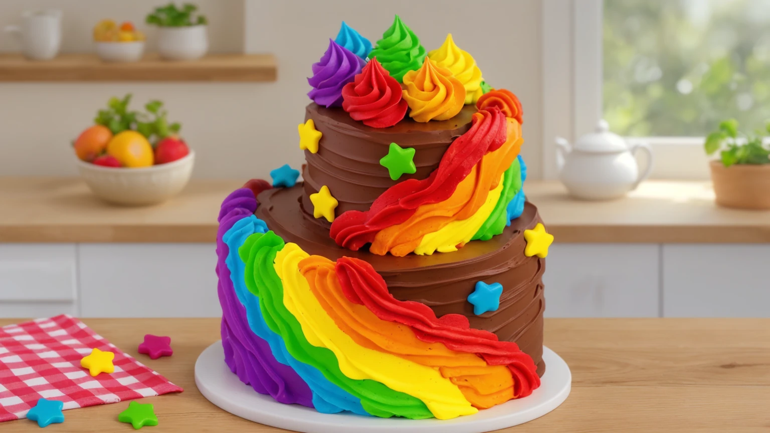 on a wooden table. there is a white plate. double tier chocolate cake ((chocolate cream texture, strokes of a pastry spatula)), rainbow cream in stitches, decorated with rainbow stars made of polymer clay, multi-colored cream on top ((cream highlights)), on the table there is a checkered tablecloth and star cornets made of polymer clay. against the background of the kitchen, vase with plant, Fruit basket, kettle, shelf with kitchen utensils. Beautiful light from the window, contour light, Multiple light sources, beautiful lighting, Bright light source, bright lighting, beautiful light sources, Multiple light sources, Realistic style , realistic texture, detailed texture, A high resolution, high quality, macro photography 