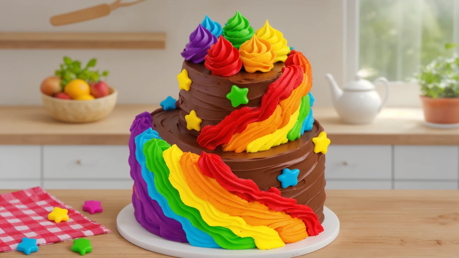 on a wooden table. there is a white plate. double tier chocolate cake ((chocolate cream texture, strokes of a pastry spatula)), rainbow cream in stitches, decorated with rainbow stars made of polymer clay, multi-colored cream on top ((cream highlights)), on the table there is a checkered tablecloth and star cornets made of polymer clay. against the background of the kitchen, vase with plant, Fruit basket, kettle, shelf with kitchen utensils. Beautiful light from the window, contour light, Multiple light sources, beautiful lighting, Bright light source, bright lighting, beautiful light sources, Multiple light sources, Realistic style , realistic texture, detailed texture, A high resolution, high quality, macro photography 