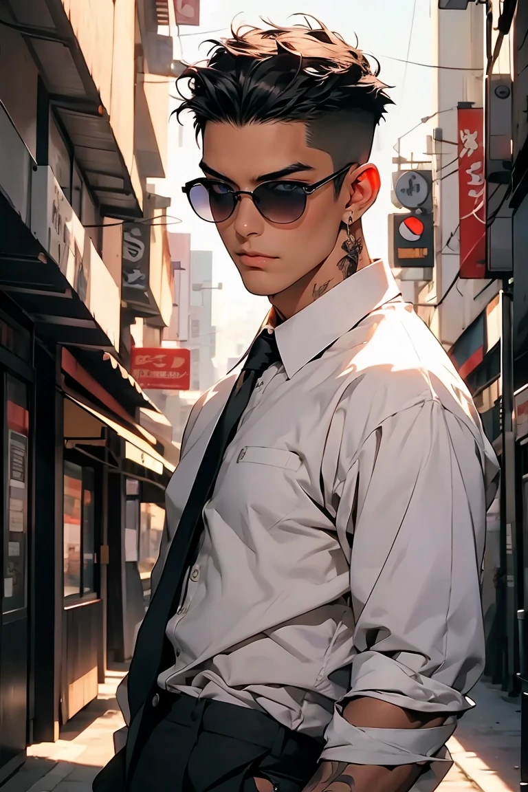 highest quality, 8K, high resolution image, anime style Jujutsu Kaisen, detailed strokes, slightly tanned skin, blurry, purple light reflecting from it, (close angle), 1 man, young, male, model, cool guy, muscular, shaved body, smile, blue Eyes, brown very short hair, brown hair, short hair, hairstyle: undercut, hair slicked back, swollen chest, he is wearing a white shirt collared shirt , black suit, hand in trouser pocket, gold link chain, sunglasses, background: City, big city streets