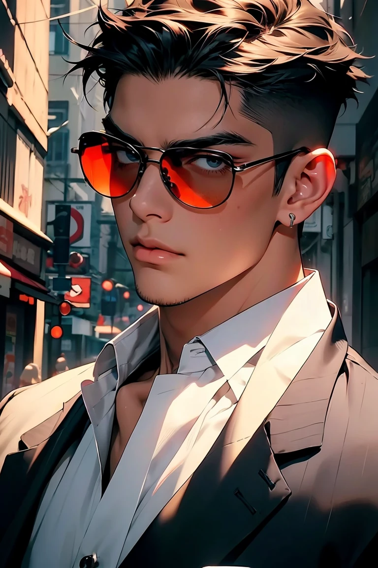 highest quality, 8K, high resolution image, anime style Jujutsu Kaisen, detailed strokes, slightly tanned skin, blurry, purple light reflecting from it, (close angle), 1 man, young, male, model, cool guy, muscular, shaved body, smile, blue Eyes, brown very short hair, brown hair, short hair, hairstyle: undercut, hair slicked back, swollen , he is wearing a white shirt collared shirt , black suit, hand in trouser pocket, gold link chain, sunglasses, background: City, big city streets