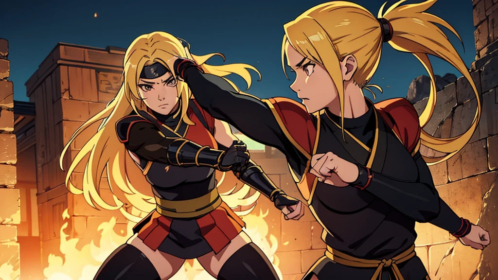 a beautiful female ninja warrior, long blonde hair, brown eyes, detailed facial features, muscular athletic body, fighting pose, detailed ninja outfit with armor, Konoha leaf symbol, Naruto anime style, highly detailed, cinematic lighting, photorealistic, 8k, masterpiece