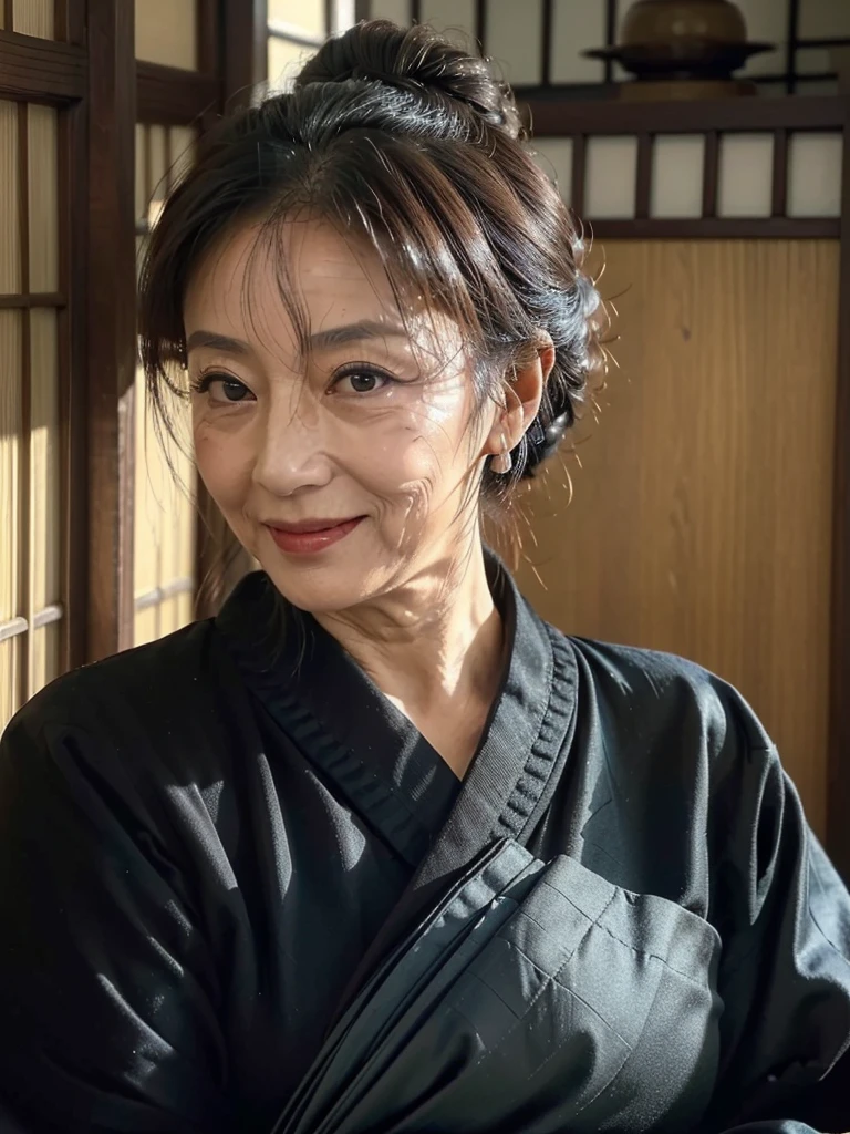 (masterpiece:1.4), (retro picture : 1), (looking to the side : 1.3), (65-year-old woman:1.5),(Facial wrinkles:1.2),Captivating smile, (Updo : 1.1), (Wearing an elegant black kimono), Mature Woman, (low saturated colors), (Film Grain), (scene from old japanese movie), detailed background, traditional japanese old house