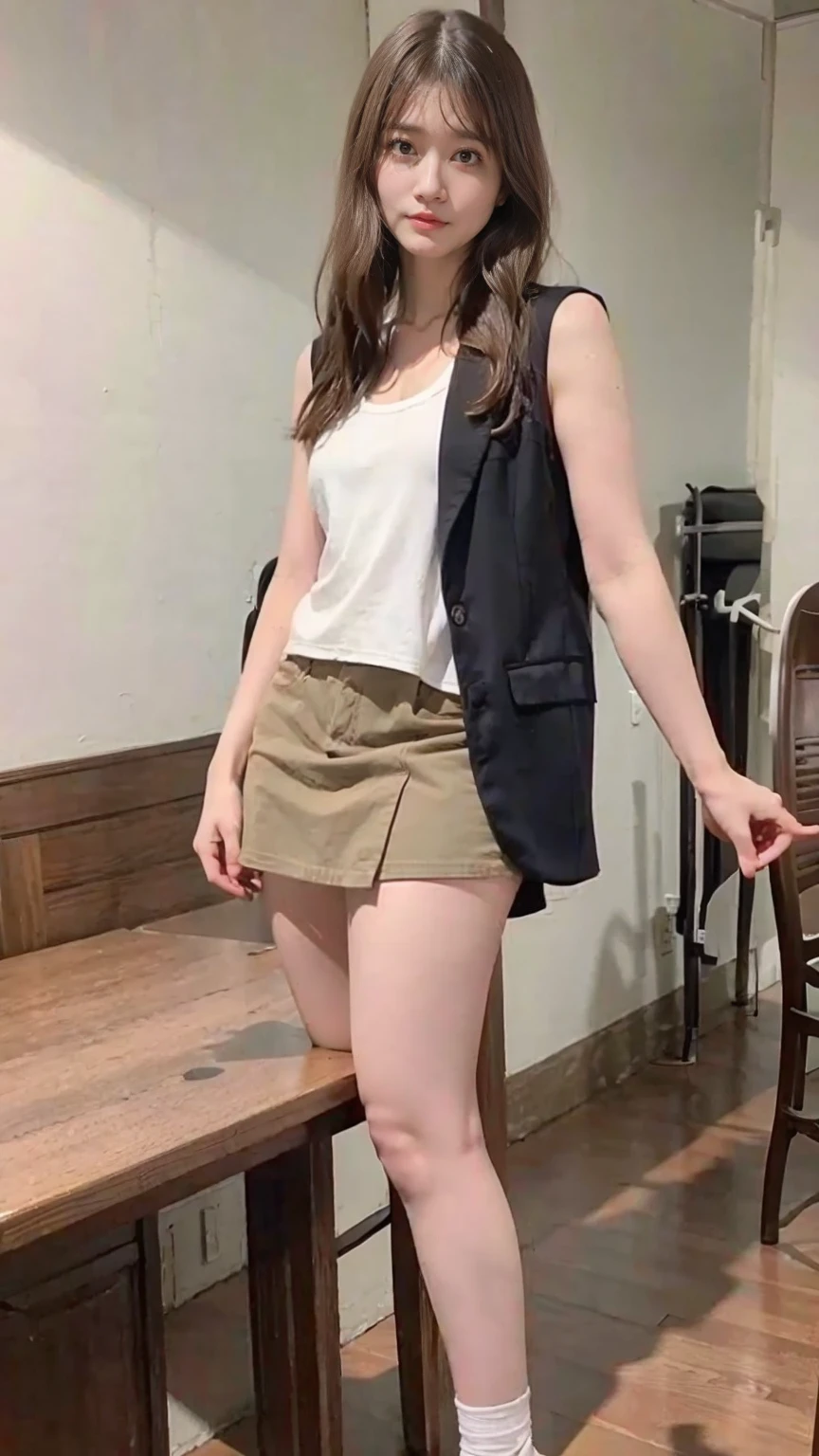 Open shirt, (((Leaning forward))), ((,Round face, Around 17 years old,mini skirt、A loose-fitting tank top)), Long Hair, , Natural Makeup, Lips become thicker, Sexy Gaze, barefoot, ((Raise one leg)), Shooting from below,Gentle expression ,((Extremely precise and accurate anatomy)), (masterpiece:1.43), Perfect proportions, Realistic photos, Full Shot, whole body,