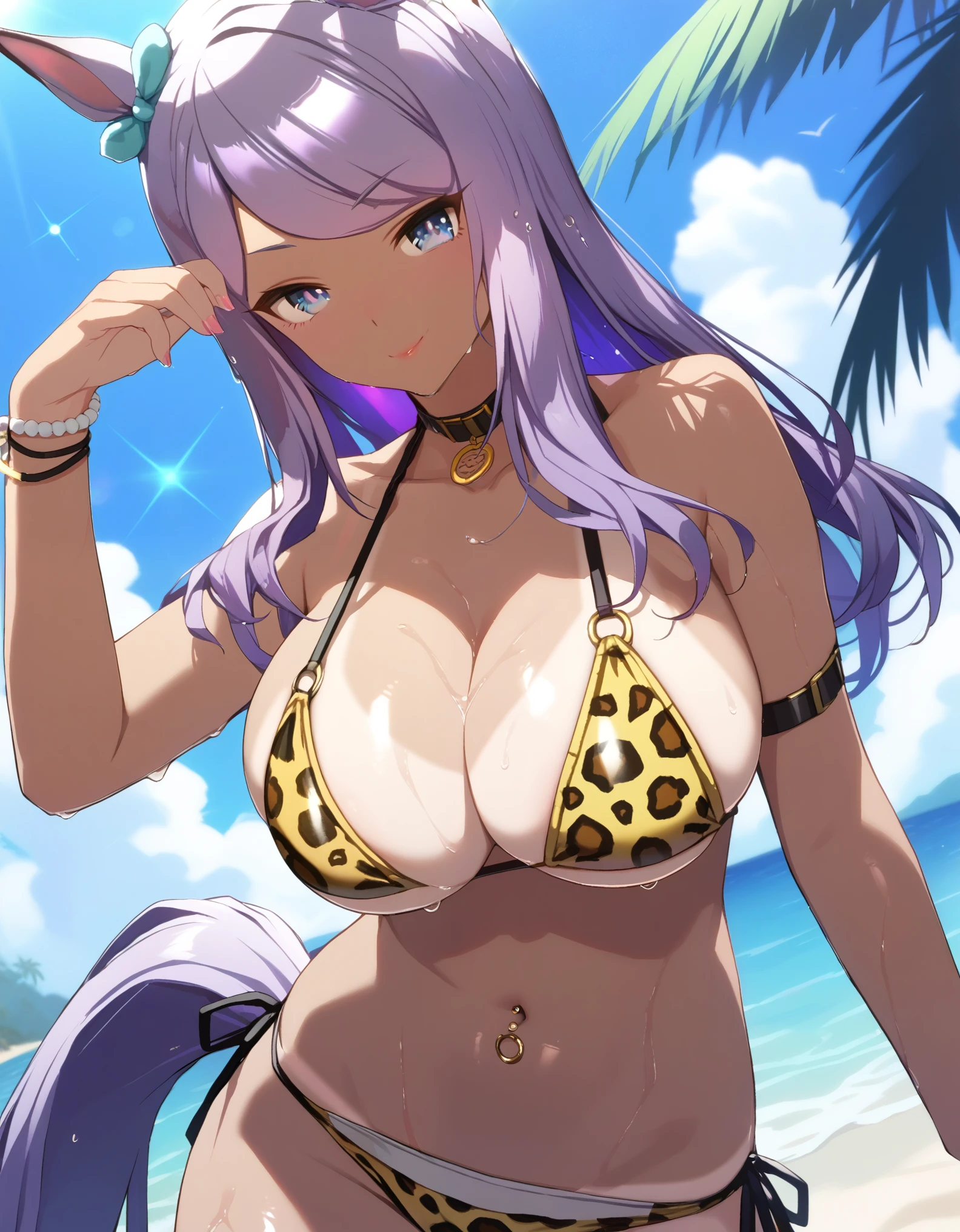 masterpiece, score_9, score_8_up, score_7_up, source_anime, best quality, extremely detailed, 1girl, solo, (dark skin, black skin:1.8), tanlines, mcqueen, (large breasts:1.6), ((((purple hair), long hair, blue eyes, horse ears))), red lips, (((tattoos, piercings, leopard print bikini))), ((naughty smile), closed mouth), ((wet, beach))