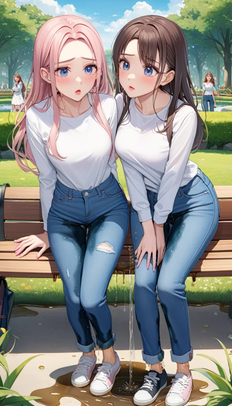 ((best quality, masterpiece:1.3, 8K)), (detailed), highly detailed face and skin texture, detailed eyes, park, pond, bench, full body, (slender body:1.1), (a group of girls:1.5), 25 years old, white skin, bright lips, scared, worried, embarrassed, long hair, (forehead:1.0), (jeans pants:1.2, skinny jeans:1.2, blue jeans:1.2), (wetting themself:2.5),